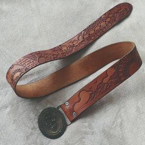 READ Vintage 70s (1974)Bergamot Brass Works fruit buckle and tooled leather belt